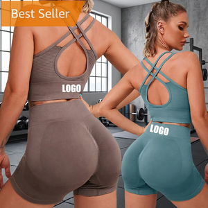 Seamless Ribbed Solid Yoga Set Women <b>2</b> Piece Crop <b>Top</b> High Waist Shorts Crisscross Back Butt Scrunch Fitness Workout Gear - Product Image 3
