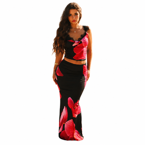 Robe longue dos nu à imprimé floral, sans manches, avec bordure en dentelle, coupe ajustée, pour soirée d'été - Product Image 1