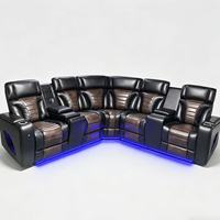 Sofá Reclinable Power Corner de 6 Plazas, Tapizado en Cuero Sintético, Asientos Seccionales para Cine en Casa con Altavoz Bluetooth LED, Puerto USB y Portavasos Refrigerante