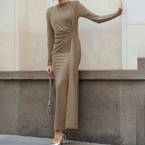 Abito Lungo Monocolore <span class=keywords><strong>Bordeaux</strong></span> a <span class=keywords><strong>Maniche</strong></span> <span class=keywords><strong>Lunghe</strong></span> con Design Drappeggiato, Ecologico, Vita Naturale, Linea ad A, Chic e Casual per l'Estate Donna - Product Image 4