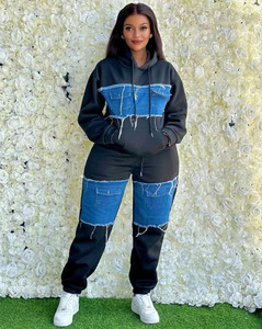 2026 New Urban Streetwear <strong>Denim</strong> Patchwork Tracksuit <strong>Women</strong> Color Block Hoodie and <strong>Joggers</strong> 2 Piece Set - Product Image 6