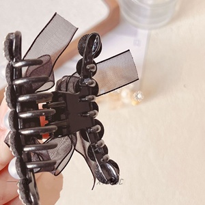 Pinces à cheveux nœud papillon français avec strass et perles, pince à cheveux simple en plastique maillé pour fête et mariage - Product Image 6