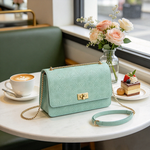 Women Mint Green Embossed Faux Leather Flap Shoulder Bag <b>Gold</b> Turn Lock Chain Crossbody <b>Handbag</b> For Party Dating - Product Image 1
