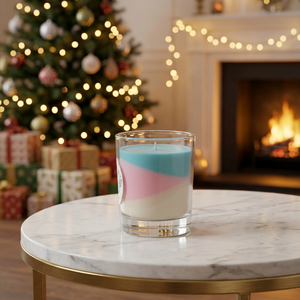 Bougie moderne en verre rond avec couches bleues, roses et blanches, sans gouttes, parfumée, pour intérieur, style barbe à papa - Product Image 1