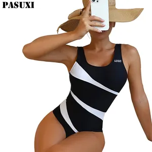 PASUXI Custom Swimwear Stripe Women's Sexy Round Neck Swimsuit Back Solid Color One Piece Beachwear