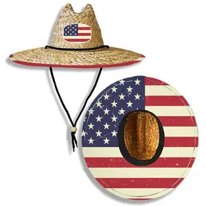 Custom Logo Wide Brim American Flag Lifeguard Men's Fishing Straw Beach Hats With Underbrim Print