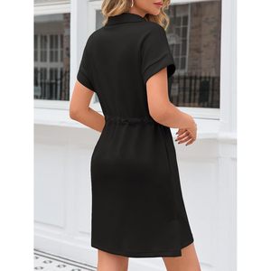 Fisoew Vestido corto de manga corta para mujer con cremallera de cuarto, cuello en V, cintura elástica, vestido informal holgado tipo sudadera, uso diario de verano - Product Image 4
