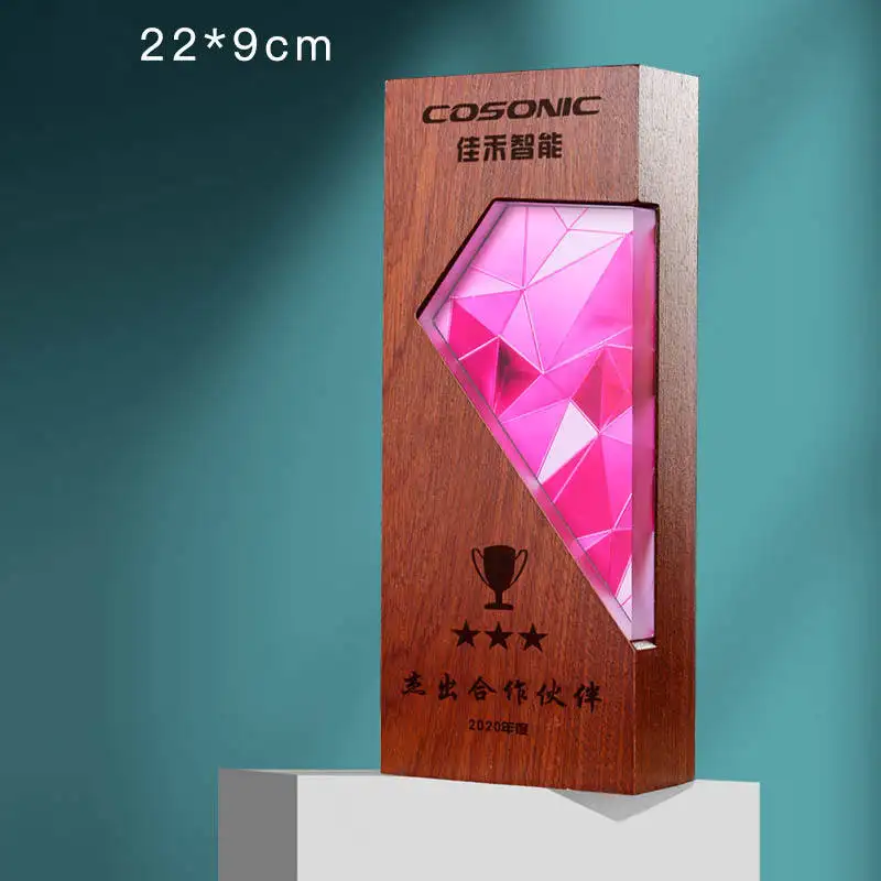Atacado cristal vidro retângulo troféu personalizado cristal gravura prêmios com madeira base