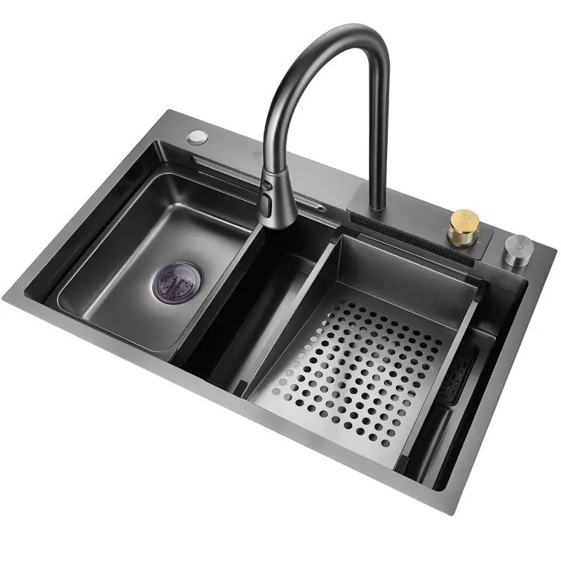 Multifunction Black Undermount Modern Waterfall Smart Kitchen Sinks Stainless Steel Modern Pull Out Faucet Fregaderos De Cocina