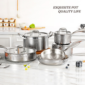 304 Stainless Steel Cookware Set Hammered Finish Pots With Glass Lids Oven Safe Rust Proof Kitchen Pans - Product Image 3