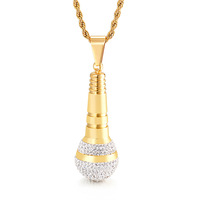 Collier pendentif en forme de microphone, design original, hip-hop, acier inoxydable plaqué or, zircon, pour homme