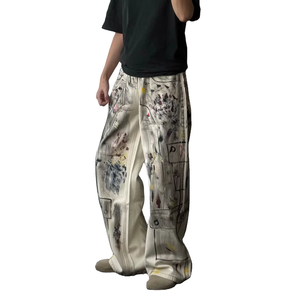 Custom High Streetstyle White Graffiti Dyeing Splatter Dirty Jeans para hombres Vintage Street Style Hip Hop Baggy Jeans Pant - Product Image 4