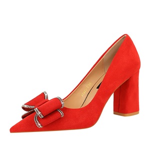 Zapatos de Mujer de Moda Coreana, Primavera-Otoño, Nuevos Tacones Altos, Tacón Grueso, Gamuza, Punta Puntiaguda, Tacón Delgado con Lazo - Product Image 2