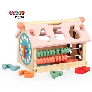 Wooden Shape Matching Math Bead Wooden House Toys Wood 3D Puzzle House Model Kids Early Educational