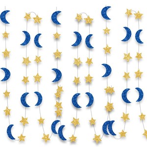 Decoración para Fiesta de Ramadán Eid 2026, Guirnalda de <span class=keywords><strong>Luna</strong></span> y Estrella, Fondo Dorado y Azul, Guirnalda de Papel, Pancarta Eid Mubarak para Celebraciones - Product Image 1
