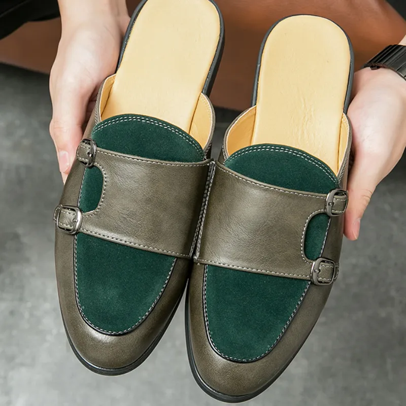 Double Monk Strap Schuhe Grüne Farbe Wildleder Slip On Mules Bequeme Herren Leder Hausschuhe Half Loafers