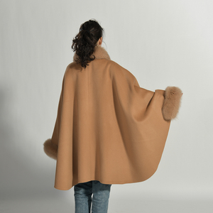 Jxwatcher Ladies Design Double Face Wool <strong>Cape</strong> Cloak <strong>Coat</strong> with Fur Wholesale Brown Ladies Real Fox Fur Trim Cashmere <strong>Cape</strong> <strong>Women</strong> - Product Image 4