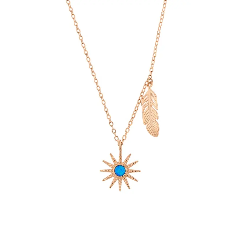 Neoglory Grosir Antik 925 Perak Murni Biru Opal Matahari Liontin Wanita Terlaris Perhiasan Kalung