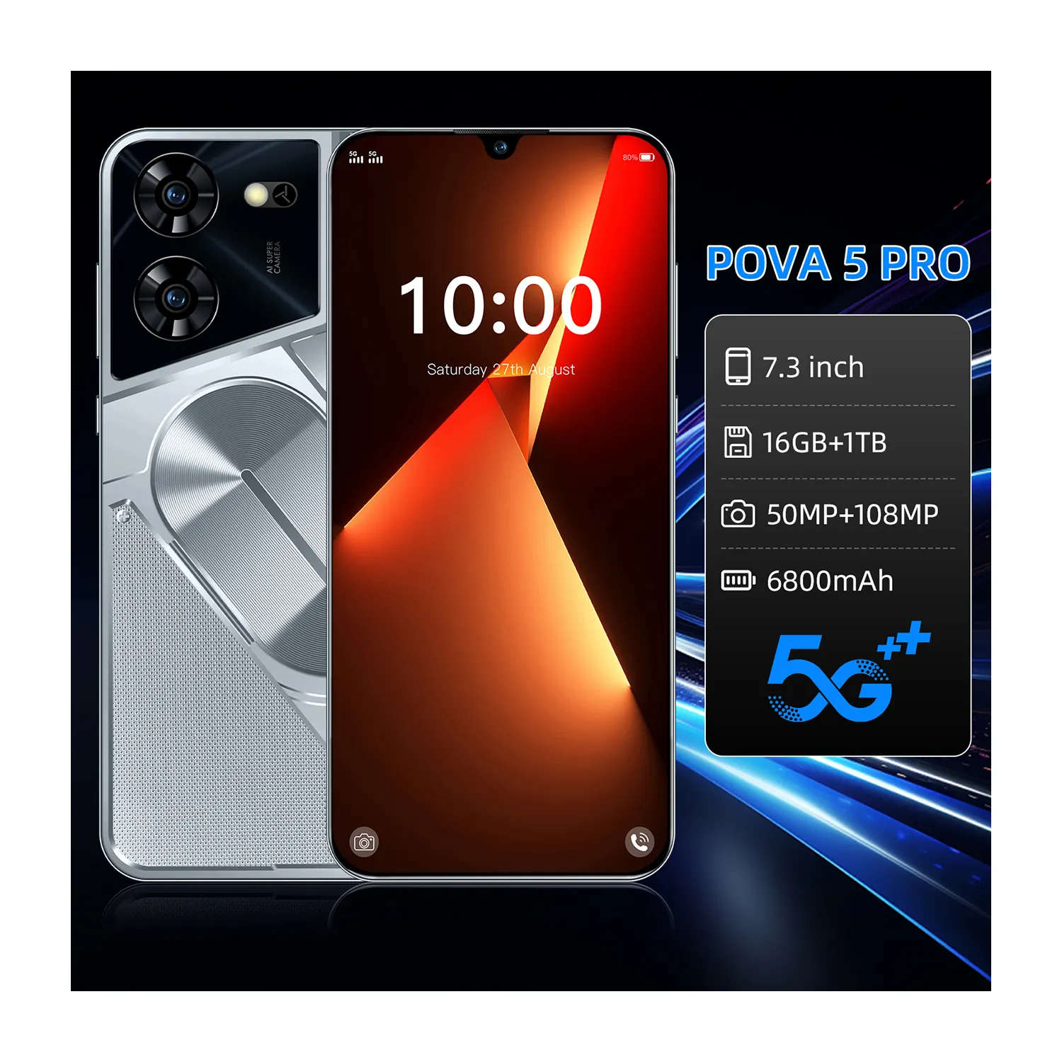 هواتف Pova 5 Pro الأصلية رخيصة السعر عالية الوضوح 7.3 بوصة شحن مجاني 50 ميجابكسل + 108 ميجابكسل هاتف محمول مرحبًا