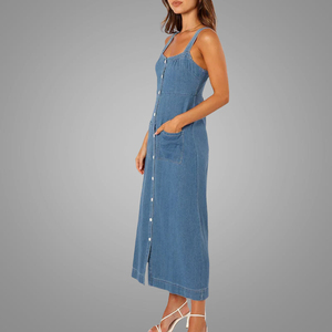 Alta calidad Denim Wash Mujeres Vestido <span class=keywords><strong>Elegante</strong></span> Smocking Sin mangas Correa Vestidos en línea - Product Image 3