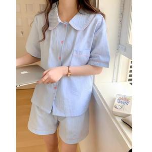Pijama a Rayas con Cuello de Muñeca y Bloques de Color, Nuevo Estilo Verano 2025 para Mujer, Conjunto de Pantalones Cortos de Manga Corta Dulce y Sencillo, Ropa de Estar por Casa - Product Image 3