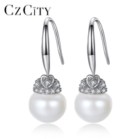 CZCITY Boucles d'oreilles pendantes vintage en argent sterling 925, forme couronne mignonne, perle d'eau douce de 9-9,5 mm, plaqué rhodium, bijoux pour femmes