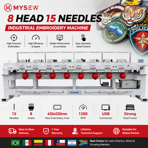 Machine à broder industrielle informatisée automatique MYSEW <span class=keywords><strong>MFGS</strong></span> 1508 à 8 têtes et 15 aiguilles pour la production en série de casquettes, t-shirts et jeans - Product Image 1