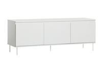 Meuble TV blanc minimaliste, console multimédia à profil bas avec pieds en métal robustes pour salon