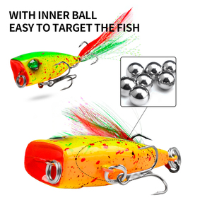 Leurre de pêche popper 43mm 4g 6 couleurs avec yeux 3D et hameçons à plumes triples, leurre de surface, appât dur - Product Image 6
