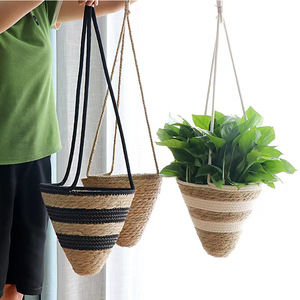 Hand-Woven Straw Flower <strong>Basket</strong> Green Plant <strong>Hanging</strong> Seagrass <strong>Basket</strong> <strong>Hanging</strong> Flower Pot Woven <strong>Basket</strong> - Product Image 2