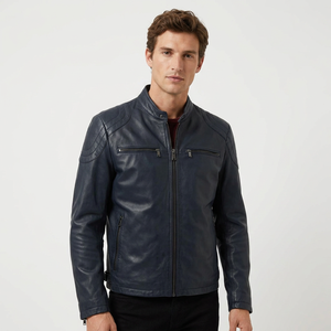 Chaqueta de Cuero Azul Marino para Hombre, Corte Ajustado, Estilo Motero, Chaqueta de Cuero Vacuno, Costuras en los Hombros, Prenda Clásica de Invierno Personalizada - Product Image 1