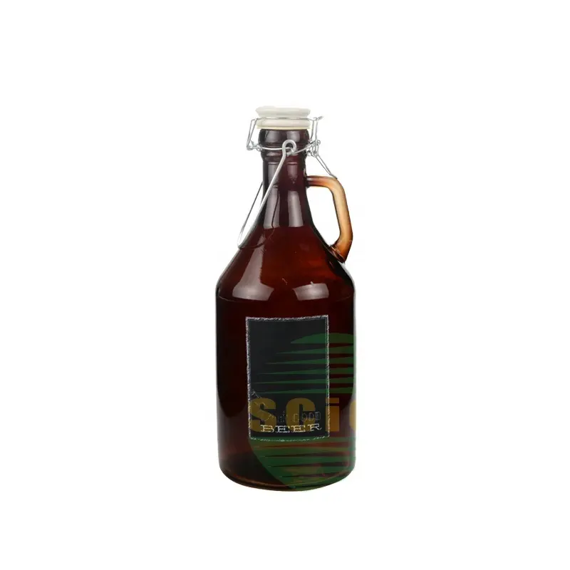 Wholesale Amber beer glass growler with lid 32oz 64oz 1L 2L water wine bottle with screw metal lid