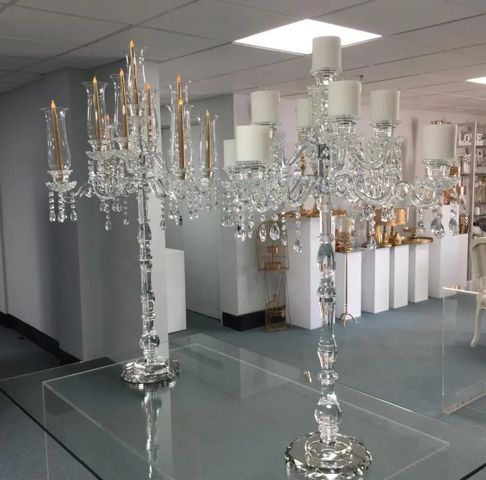 Candelabros de cristal para casamento, candelabros altos e grandes de vidro com 9 braços, decoração para festas e eventos, decoração de casa