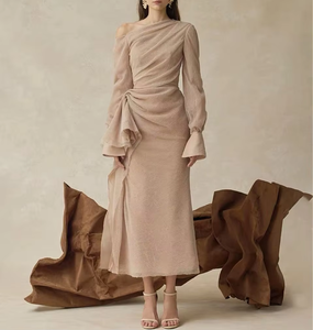 Nouvelle Robe de Soirée Formelle <span class=keywords><strong>Nude</strong></span> 2026 à Épaules Dénudées, Drapée, Manches Cloche, Froncée et Volants, Longueur Midi, pour Fête et Mariage - Product Image 6