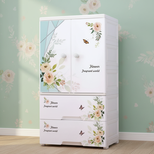 Armoire bébé à 5 niveaux à motif floral avec tiroir, étagère empilable en plastique, commode pliable avec roulettes pour la cuisine - Product Image 2