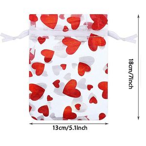 Ventes chaudes - Sac en organza 13x18cm avec cordon de serrage et motif cœur rouge pour cadeau - Sac en filet - Product Image 2