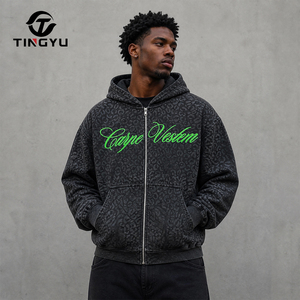 Men's Black Vintage Leopard Print <b>Zip</b>-Up Hoodie Oversized Casual <b>Hooded</b> Sweatshirt 100% Cotton Knitted Breathable Autumn Style - Product Image 2