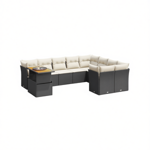 Ensemble de salon de jardin en rotin blanc crème et noir avec coussins, 6 places, mobilier d'extérieur, design contemporain - Product Image 1
