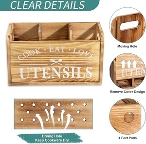 Rangement robuste pour ustensiles de cuisine en bois massif, style ferme, pour comptoir – Organisateur d'ustensiles de cuisine - Product Image 2