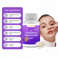 Complément Botanique pour Femmes en Capsules : Complexe de Gattilier et de Pépins de Raisin avec Inositol, Acide Hyaluronique, Isoflavones de Soja et Vitamine E