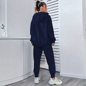 Ensemble de vêtements chauds pour adolescentes, style rétro classique, bleu royal, sweat-shirt à capuche à motifs lettres et pantalon de jogging - Product Image 2