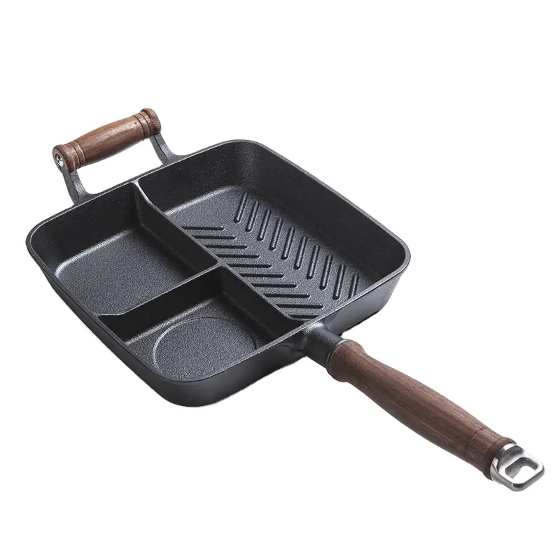 Mcooker 2024 Cast Iron Egg Pan Nonstick Split 3 Section Divided Breakfast Pan Frying Pan With Wooden Handle