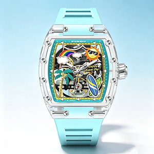 Montre mécanique automatique pour homme avec verre optique tonneau, cadran squelette ajouré motif dessin animé, bracelet en silicone, étanche, montre-bracelet tendance - Product Image 2