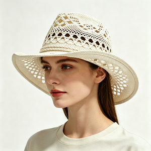Wholesale Hollow Cowboy Straw <b>Floppy</b> <b>Hat</b> Unisex Wide Brim Breathable Open Weave Beach Sun Custom Logo Summer Travel - Product Image 1