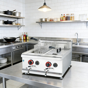 Friteuse à gaz professionnelle à double cuve en acier inoxydable pour comptoir, certifiée CE, pour restaurants de frites et poulet frit, avec système d'égouttement d'huile - Product Image 4