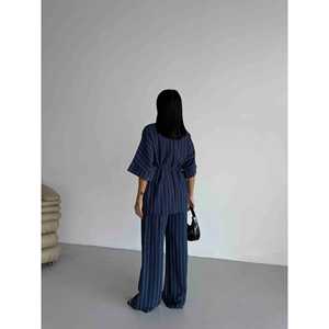 Conjunto de Kimono a Rayas Azul Marino para Mujer, Talla S, Pantalones Anchos, Ropa Cómoda para Estar en Casa - Product Image 1