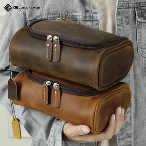 Wholesale Casual Crazy Horse <strong>Leather</strong> Travel Makeup <strong>Bag</strong> Durable Vintage Genuine <strong>Leather</strong> Zipper Portable for Men <strong>Toiletry</strong> <strong>Bags</strong> - Product Image 2