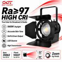 Projecteur de scène LED COB 150W Fresnel CRI97 sans ventilateur, contrôle DMX, écran LCD, gradation fluide, volets coupe-flux à quatre volets pour diffusion en direct