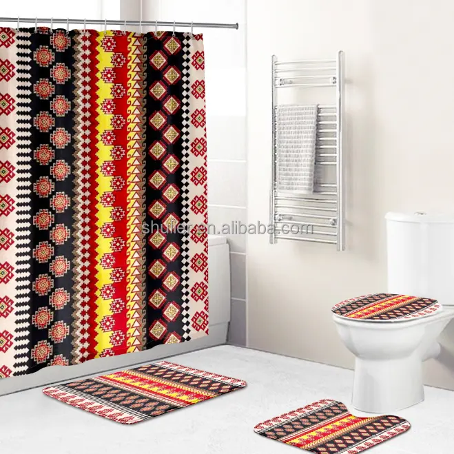 Özel etiyopya geleneksel süslemeleri saba baskılı tasarım klasik duş perde seti banyo için