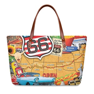 Bolsas para Mulheres com Frete Grátis, Bolsas Gráficas Retro com a Bandeira dos EUA e Sinal Route 66, Último Design em Couro PU - Product Image 1